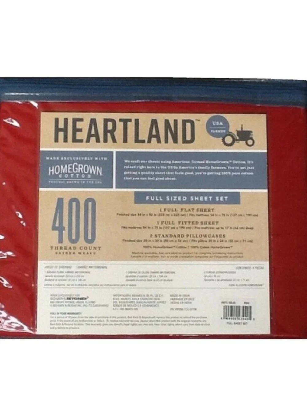new RED Heartland 400 Thread Count 100% Cotton Sateen Weave FULL Sheet Set